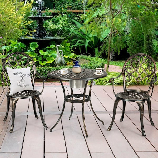 ANGELES HOME 3-Piece Metal Round Outdoor Bistro Set with Attached Removable Ice Bucket