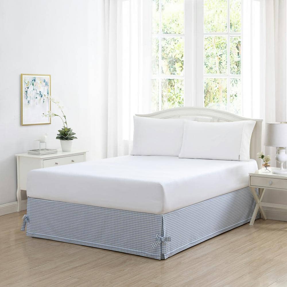 Hedy Light Blue Cotton Gingham Queen Bedskirt with Split Corners