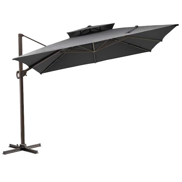 HomeRoots 11 ft. Dark Gray Polyester Round Tilt Cantilever Patio Umbrella with Stand