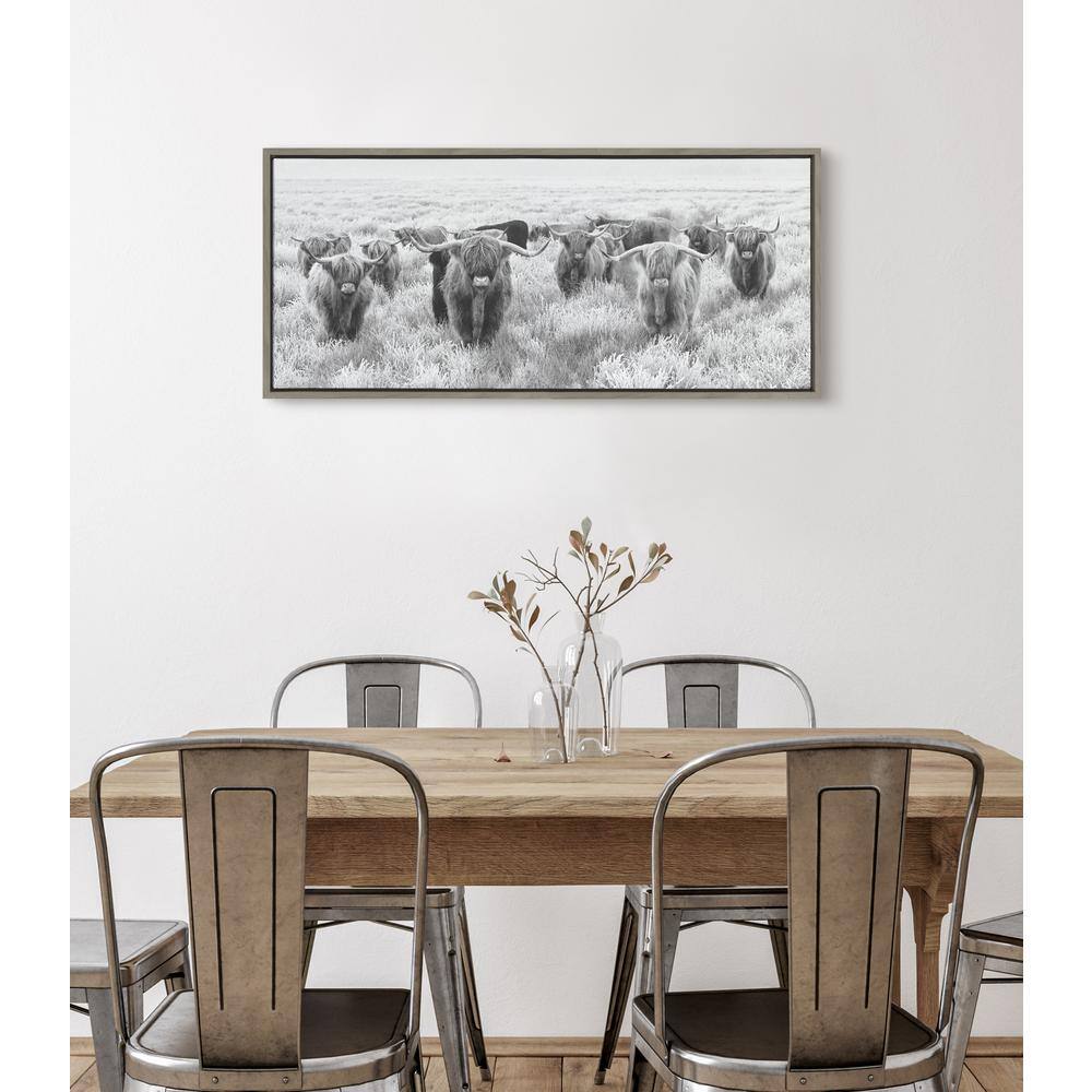 Herd of Highland Cows Black and White Framed Canvas Art