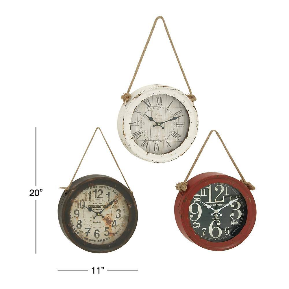 Vintage Round Metal Wall Clocks with Rope Hangers, Set of 3