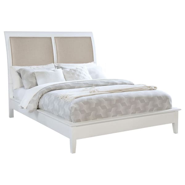 Coaster Bexhill White and Linen Wood Frame Queen Panel Bed with Upholstered Headboard