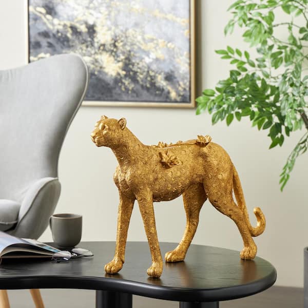 Litton Lane 17 in .x 25 in. Gold Resin Standing Leopard Sculpture with Textured Spots and Floral Accents