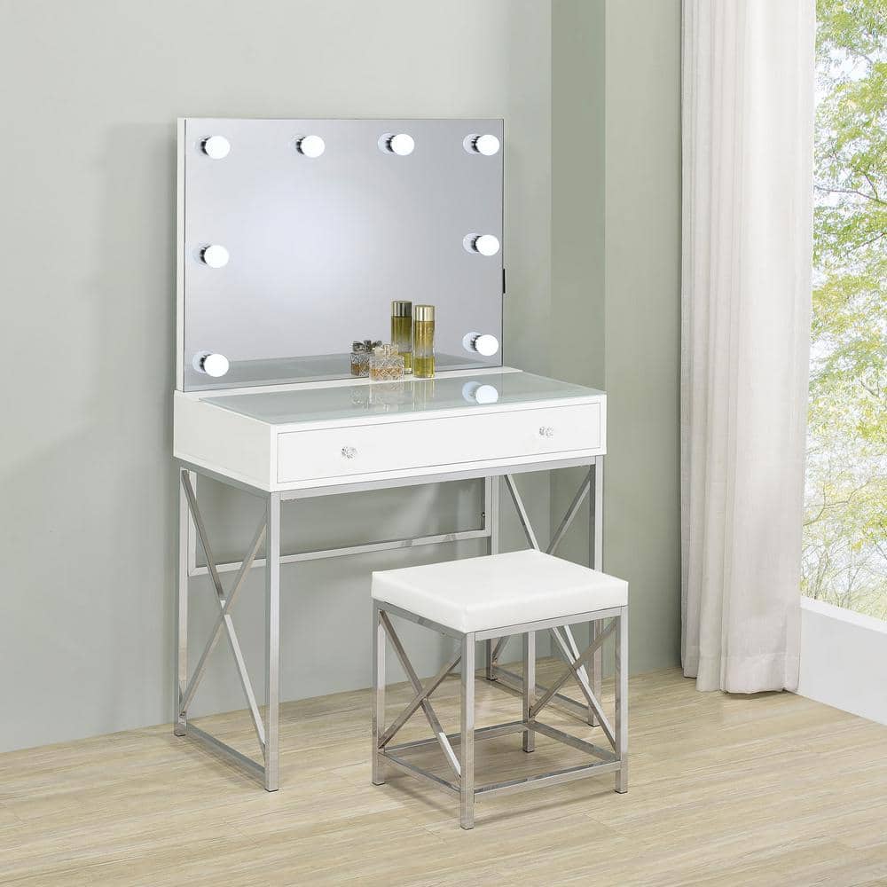 White and Chrome Vanity Set with Lighted Mirror and Bench