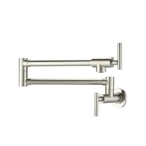 Wall Mounted Folding Pot Filler Double-Handle Brass Stretchable Kitchen Sink Faucet in Brushed Nickel
