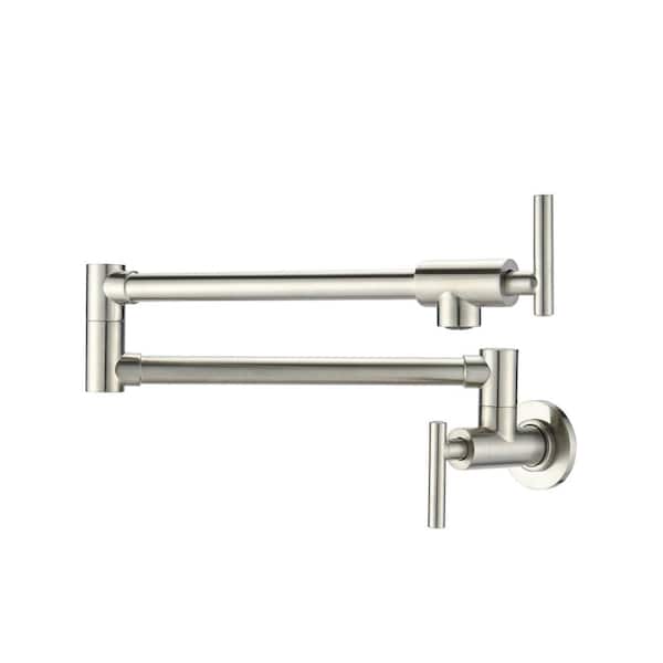 cobbe Wall Mounted Folding Pot Filler Double-Handle Brass Stretchable Kitchen Sink Faucet in Brushed Nickel