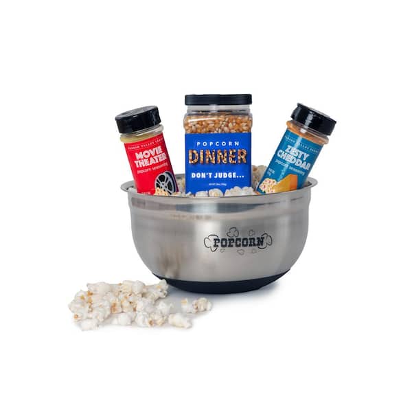 Wabash Valley Farms Gourmet Popcorn with Movie Theater and Zesty Cheddar Popcorn Seasonings and Stainless-Steel Bowl 4-Piece Popcorn Set