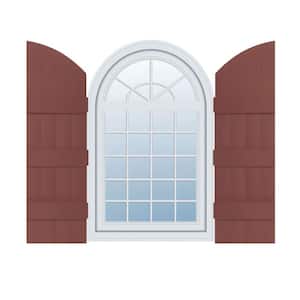 14 in. W x 89 in. H Vinyl Exterior Arch Top Joined Board and Batten Shutters Pair in Burgundy Red