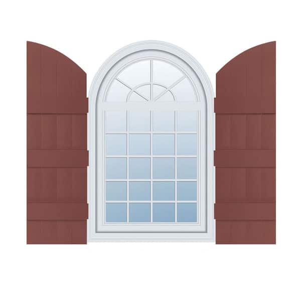 Builders Edge 14 in. W x 89 in. H Vinyl Exterior Arch Top Joined Board and Batten Shutters Pair in Burgundy Red