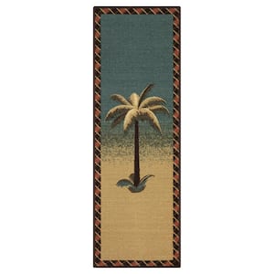 Cookery Collection Non-Slip Rubberback Tropical Palm Tree 2x5 Kitchen Runner Rug, 1 ft. 8 in. x 4 ft. 11 in., Beige/Teal