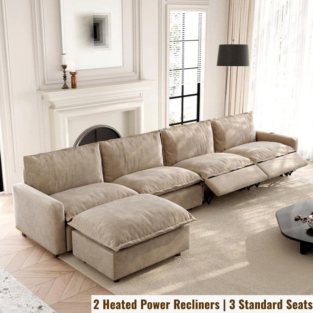 149 in. Modular Reclining Sectional Sofa, Square Arm Linen 5-Pieces Sofa with Ottomans, Heat, USB Ports in Khaki