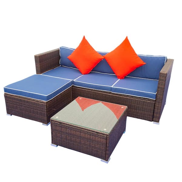 Afoxsos 3-Piece Patio Wicker Rattan Outdoor Furniture Sectional Sofa Set with Blue Cushions