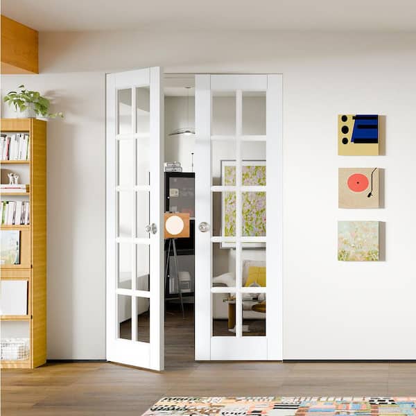 48 in. x 80 in. Composite, MDF, 10-Lite, Clear Glass, Primed, White Interior Door Slab with Silver Sphere Doorknob