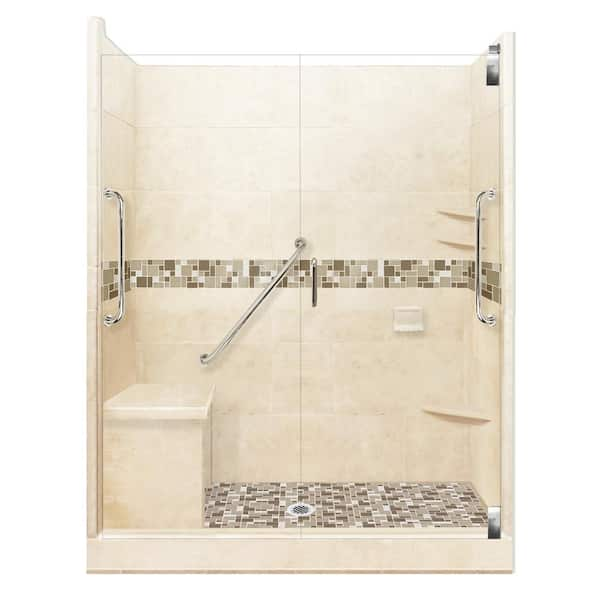 American Bath Factory Tuscany Freedom Grand Hinged 36 in. x 60 in. x 80 in. Center Drain Alcove Shower Kit in Desert Sand and Satin Nickel