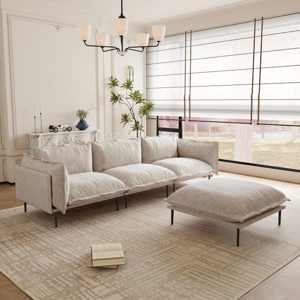 111 in. 4-Piece Tapered Arm Velvet L-Shaped Sectional Sofa,Deep Seat Cloud Couch for Small Space with Ottoman in Tannish