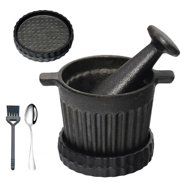 Cast Iron Black Finish Mortar and Pestle Set 3-Piece Garlic Grater Plate with Brush Scoop for Spices Herbs