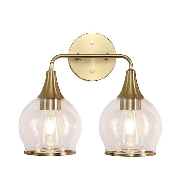 Lightania 13.5 in. 2-Light Gold Vanity Light with Clear Glass Shade