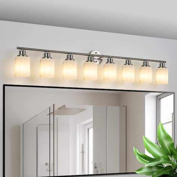 52 in. 8-Light Brushed Nickel Vanity Light with White Glass Shade for Bedroom, Bathroom (Bulb Not Included)