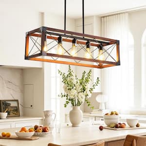 31.5 in. 5-Light Farmhouse Dark Walnut Wood and Black Metal Linear Pendant Light Kitchen Island Lighting for Dining Room