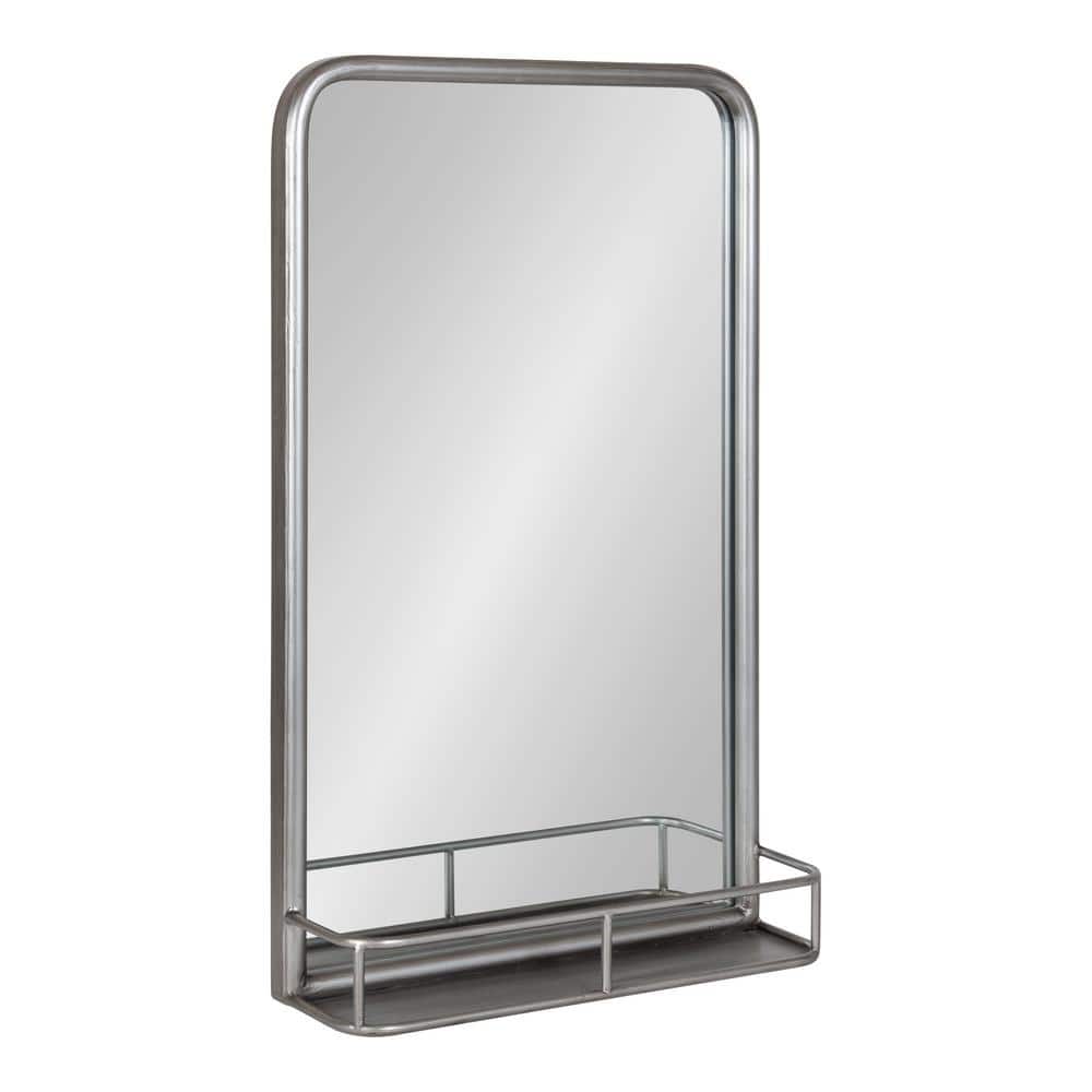 Silver Rectangular Metal Bathroom Mirror with Shelf