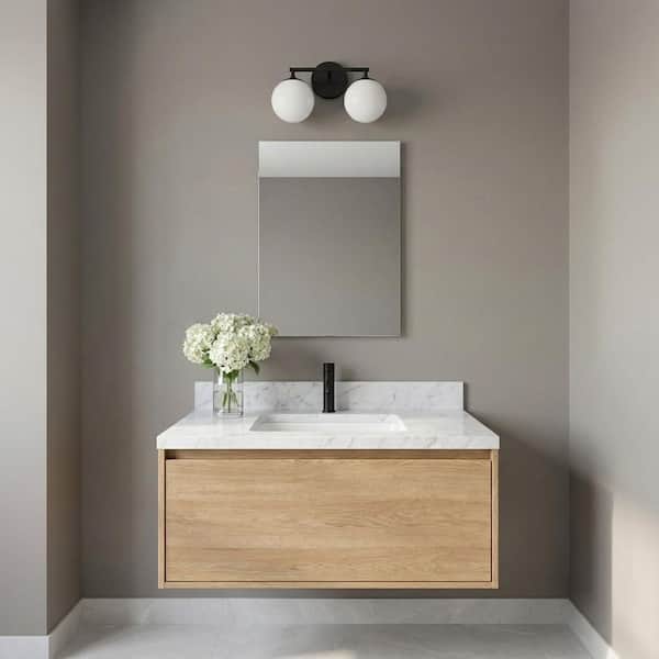 Nube 14.63 in. W 2-Light Midnight Black Modern Bathroom Vanity Light with Milk Glass Globe Shades, No Bulbs Included