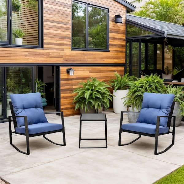 Flynama 3 Pieces Wicker Patio Bistro Set Outdoor Rocking Chair with Blue Cushion for Yard Garden Poolside