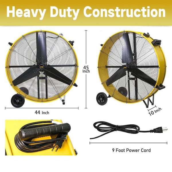 HICFM 42 in. Yellow Industrial Drum Fan, 28000 CFM, 2-Speed, Heavy Duty Metal Floor Fan for Commercial and Warehouse Use