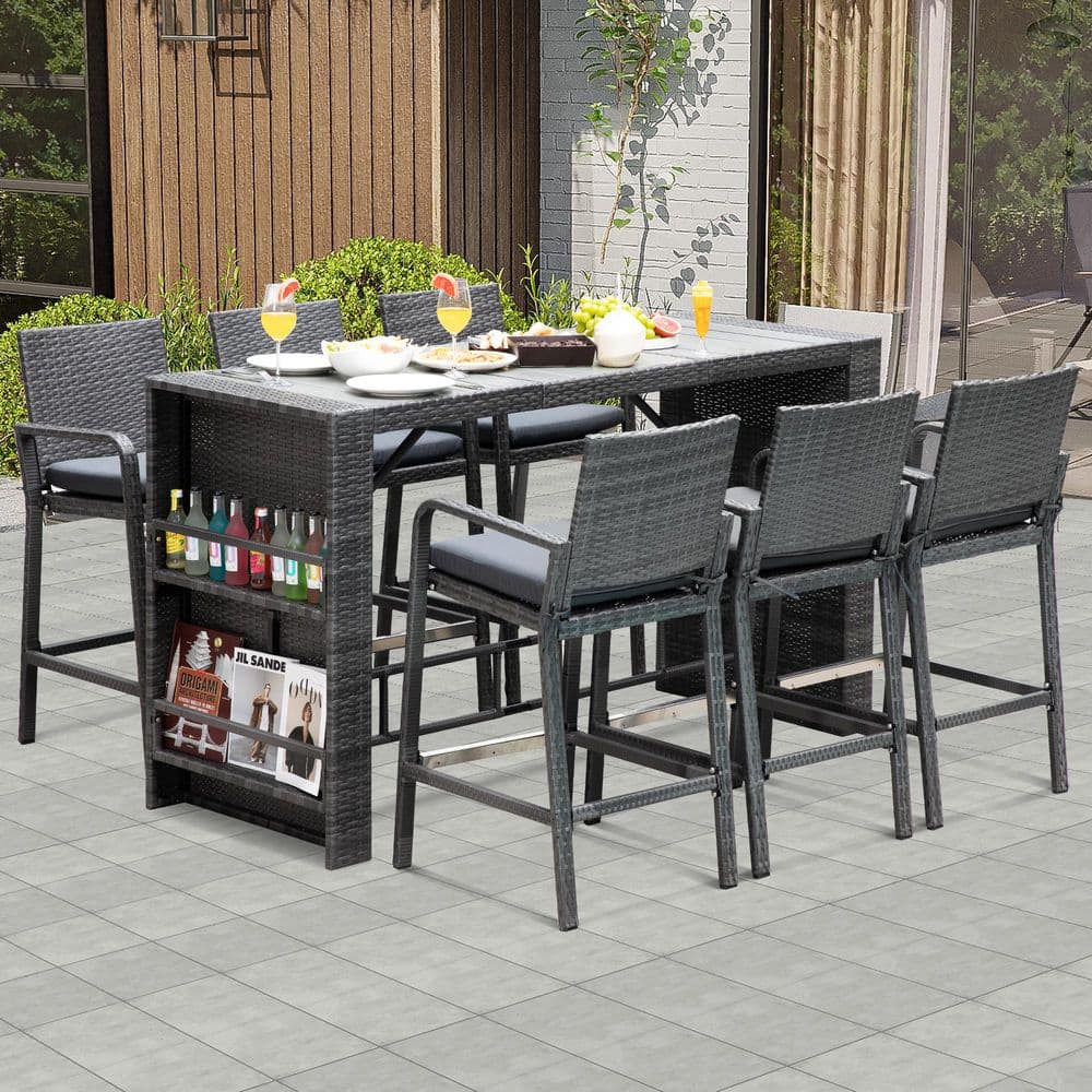 Gray 7-Piece PE Wicker Rectangular Bar Height Outdoor Serving Bar Set Patio