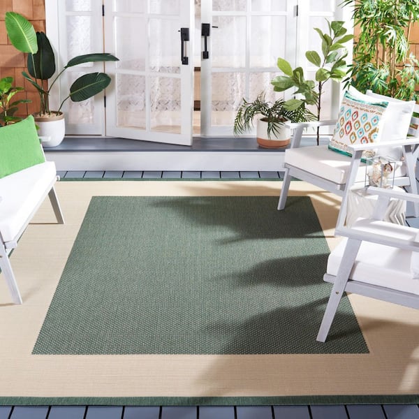 Courtyard Dark Green/Beige 10 ft. x 14 ft. Border Solid Color Indoor/Outdoor Area Rug