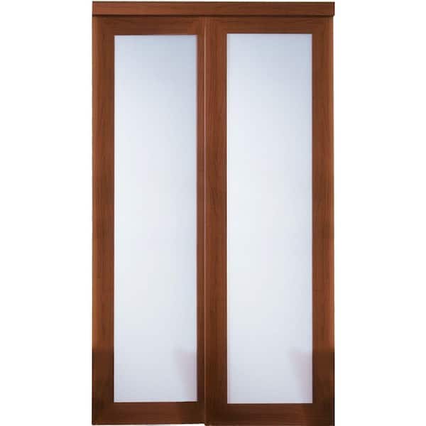 TRUporte 72 in. x 80 in. 2000 Series Cherry 1-Lite Tempered Frosted Glass Composite Sliding Door