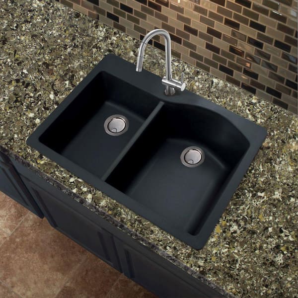 Aversa Drop-in Granite 33 in. 2-Hole 1-3/4 D-Shape Double Bowl Kitchen Sink in Black