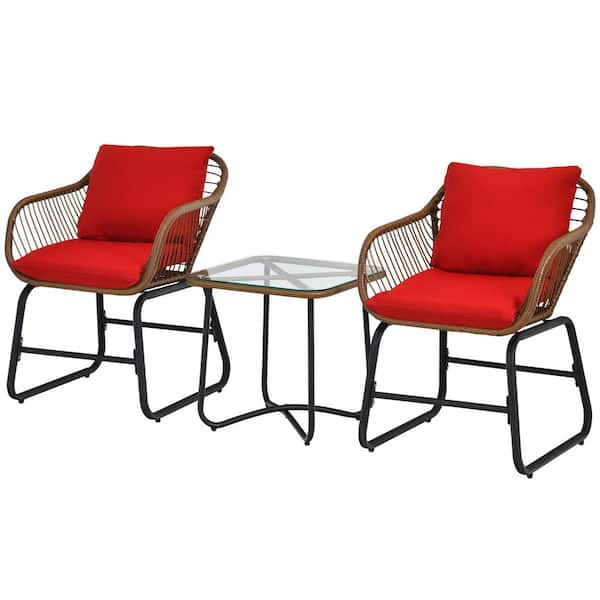 HONEY JOY 3-Piece Metal Outdoor Bistro Set with 2 Armchairs and Tempered Glass Table and Red Cushions