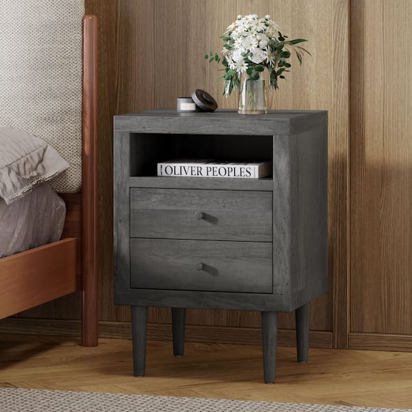 Gray 2-Drawer Mid-Century Nightstand with Shelf (Faux Wood), for Bedroom Storage, End Table for Living Room