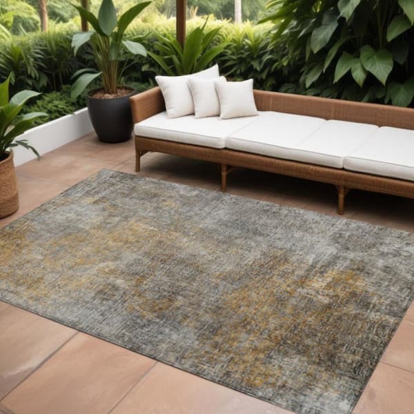 Gray, Silver, Charcoal 10 ft. x 14 ft. Woven Abstract Polyester Rectangle Indoor / Outdoor Area Rug