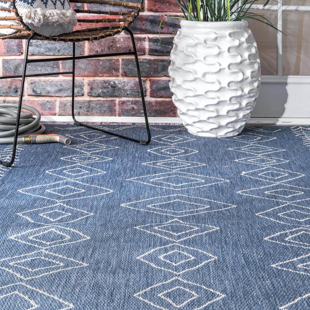 Blue Geometric Synthetic Easy Care Square Rug