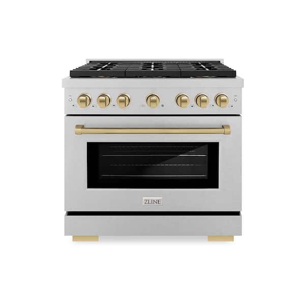 Autograph 36 in. 5.2 cu. ft. Dual Fuel Range with 6 Burner DuoPro Cooktop in Satin Stainless Steel and Champagne