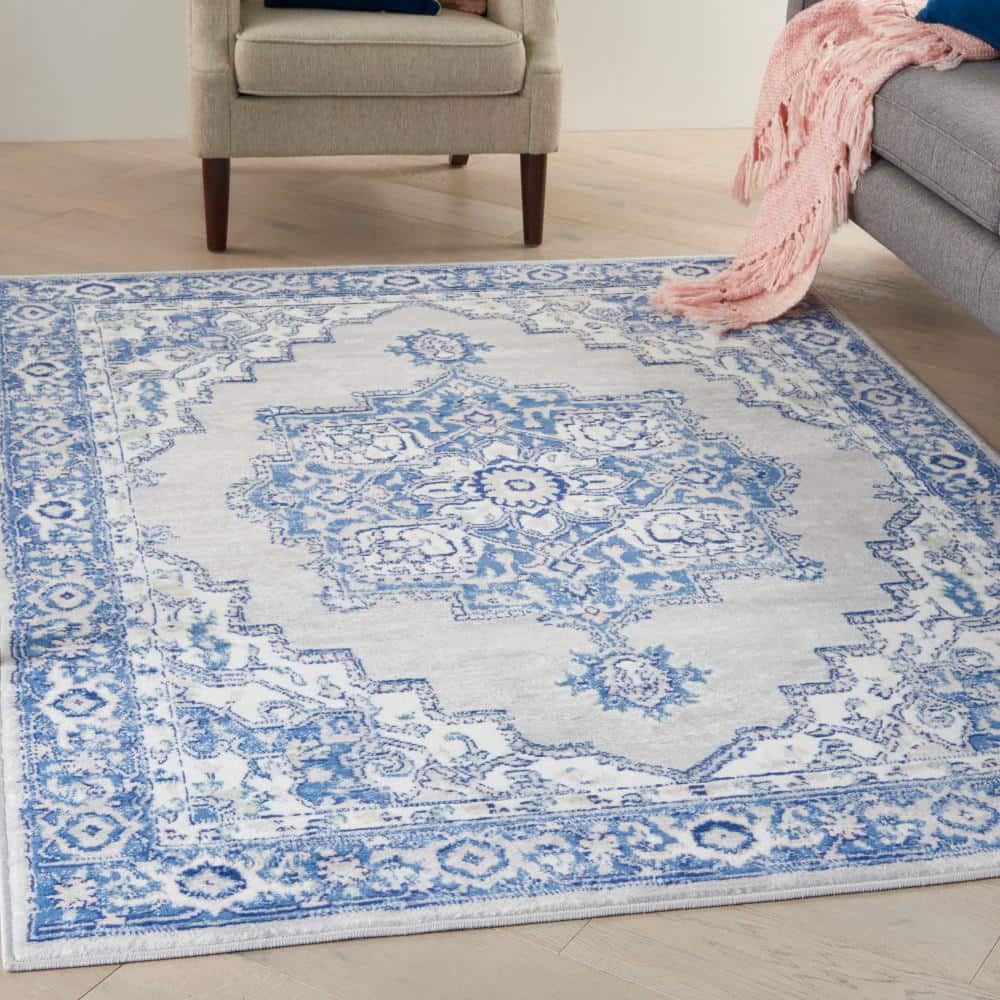 Grey Blue Floral Medallion 5' x 7' Synthetic Area Rug