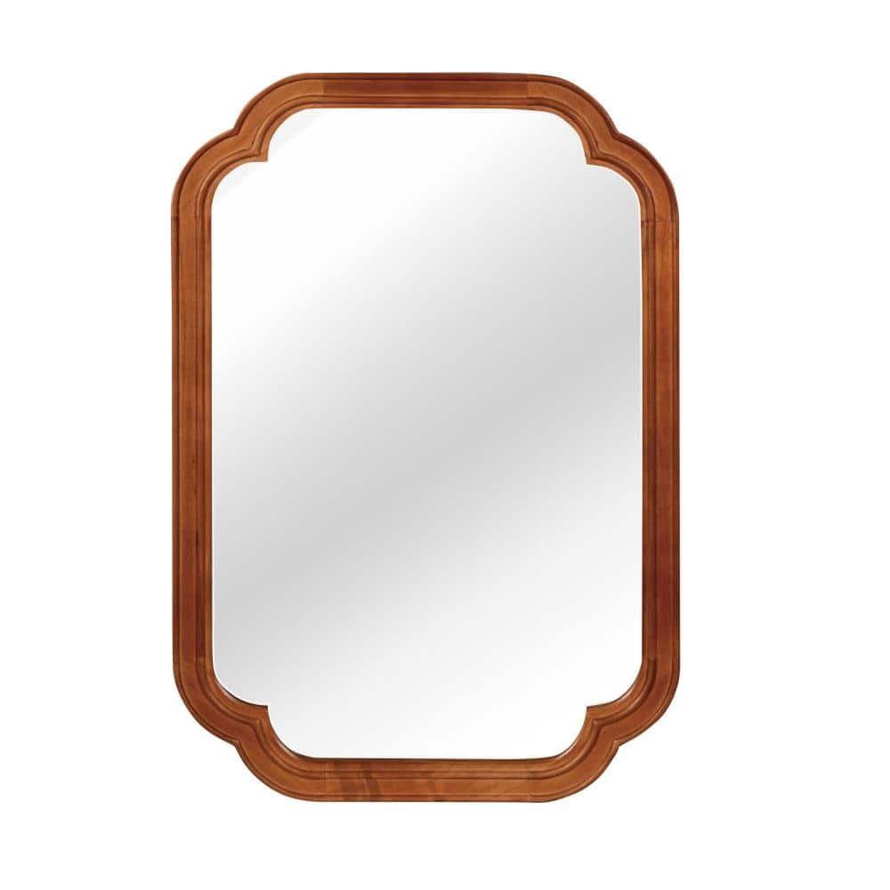 20 in.W × 30 in.H Brown Rounded Corner Mirror, Solid Wood Frame Wall-Mounted Decorative Mirror