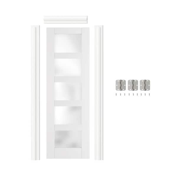 32 in. x 80 in. 5-Panel Frosted Glass Prehung Interior Door Right-Handed MDF Wood White with Door Jamb and Hardware Kit