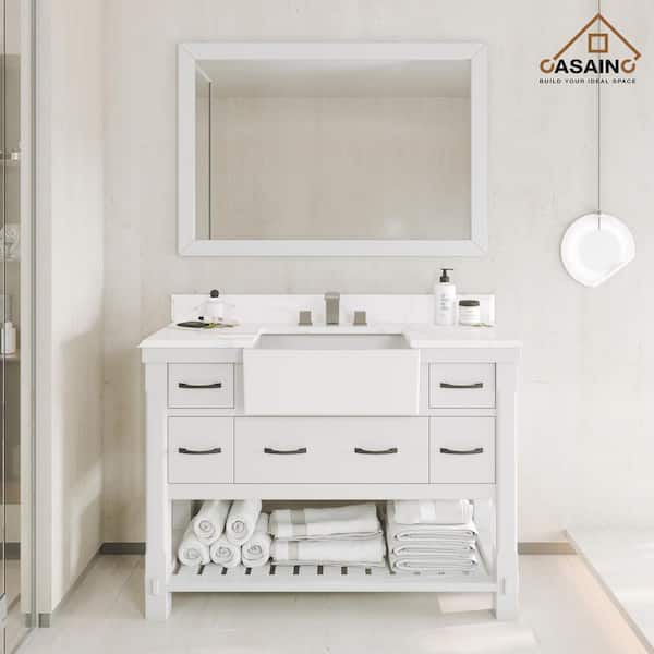 CASAINC 48 in. W x 21 in. D x 35 in. H Freestanding Single Sink Bath Vanity in White with Carrara White Quartz Top and Mirror