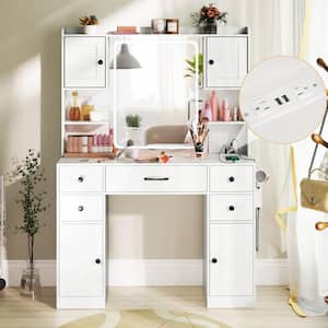 Makeup Vanity Set Desk w/ Lighted Mirror Charging Station 3-Color Dimmable LED Lights