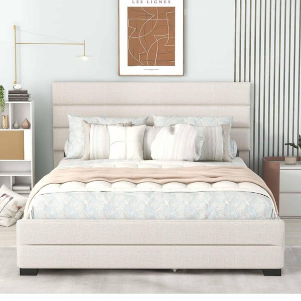 Beige Wood Frame Queen Size Platform Bed with Twin Size Trundle and (2-Drawers)