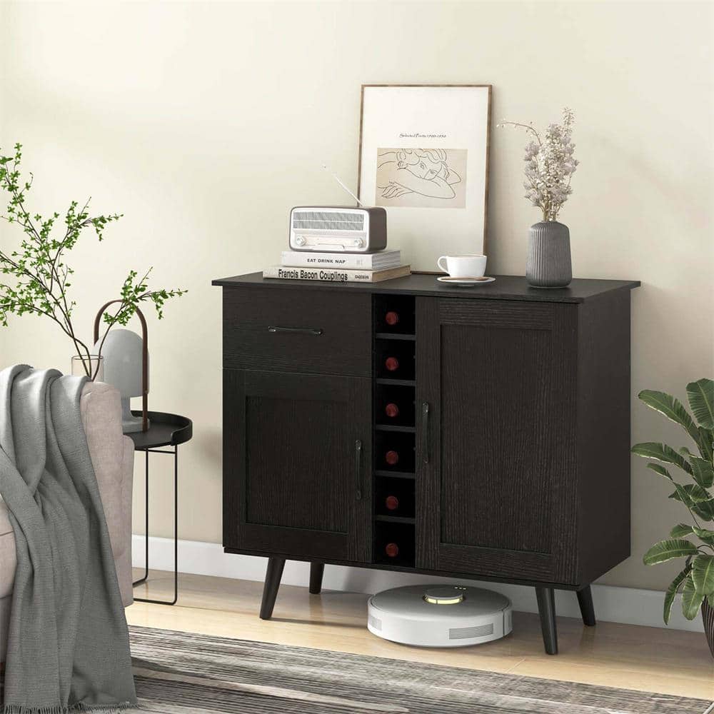 6-Bottle Black 2-Door Wine Bar Cabinet Kitchen Sideboard Buffet with Drawer and Adjustable Shelves