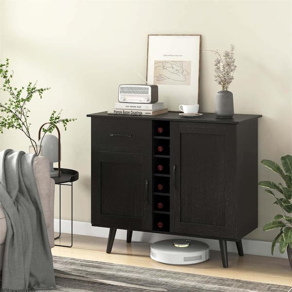 6-Bottle Black 2-Door Wine Bar Cabinet Kitchen Sideboard Buffet with Drawer and Adjustable Shelves