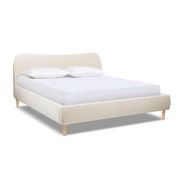 Roman Curved Headboard Boucle Upholstered Modern King Platform Bed Frame in Oatmeal Light Beige Chenille