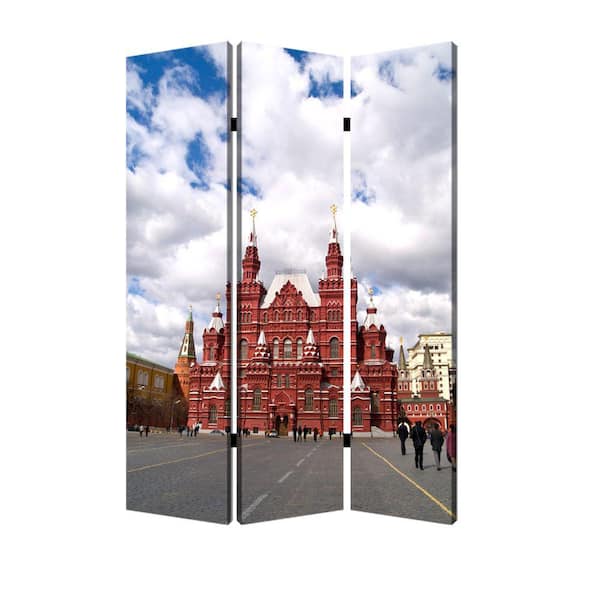 Benjara 3 Panels Multicolor Tower Print Foldable Canvas Screen