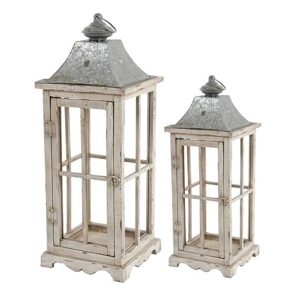 Cesicia Wooden Candle Ivory Lanterns Candle Decorative Holder Set of 2 for Indoor Outdoor, Home Garden Wedding, White