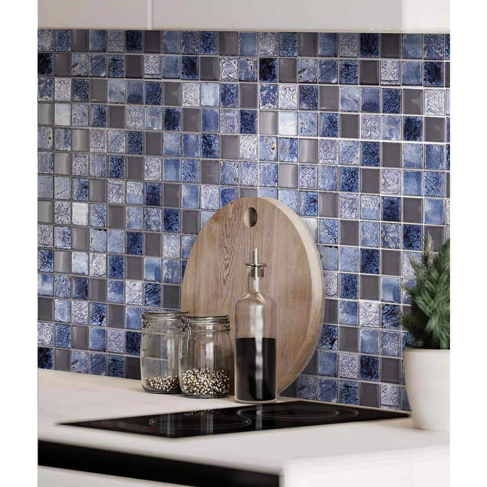 Gray and Blue Polished Glass and Stone Mosaic Tile