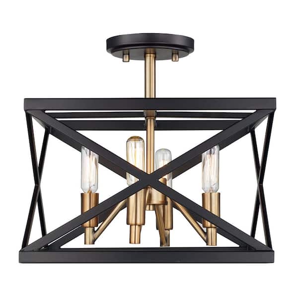 Bel Air Lighting Ackerman 13 in. 4-Light Oil Rubbed Bronze and Antique Brass Semi-Flush Mount Ceiling Light Fixture with Metal Shade