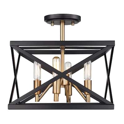 Ackerman 13 in. 4-Light Rubbed Oil Bronze and Antique Brass Semi-Flush Mount with Metal Shade